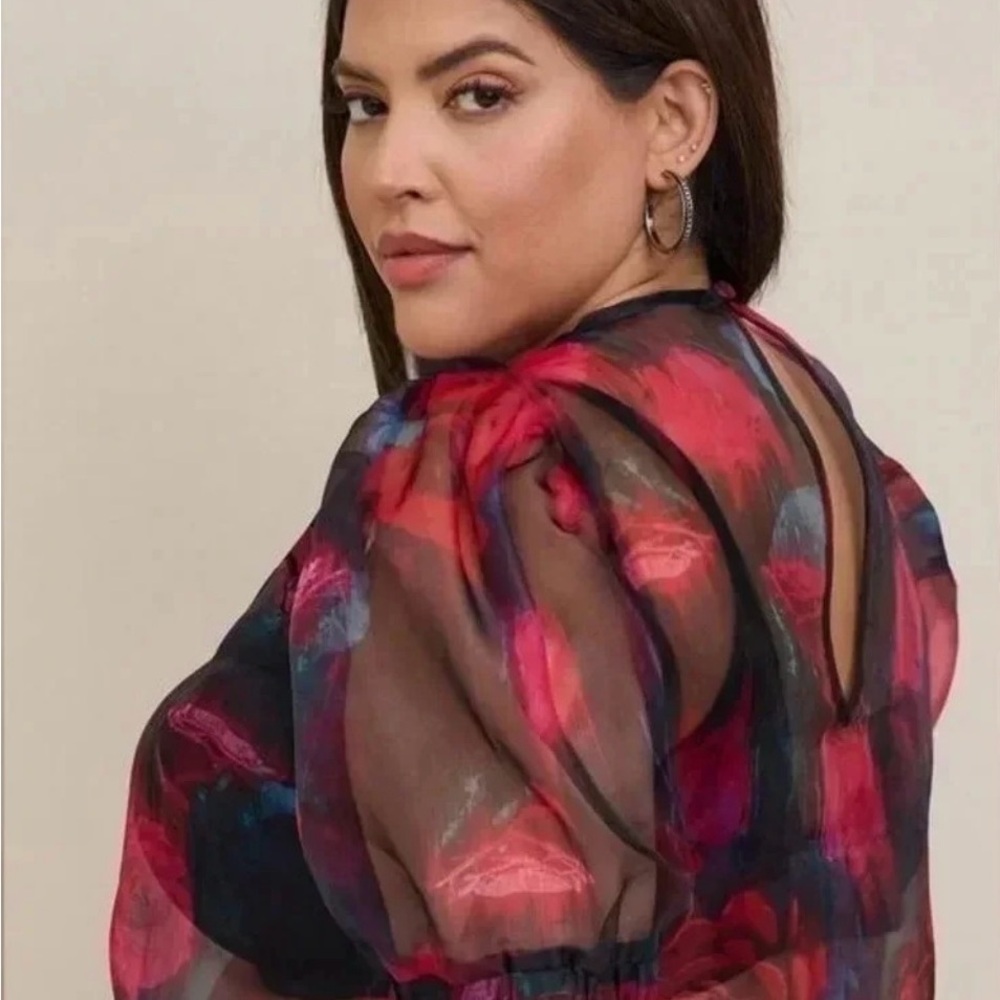 Torrid Organza Puff Sleeve Top - Red and Black Floral Sheer Blouse - Picture 4 of 7